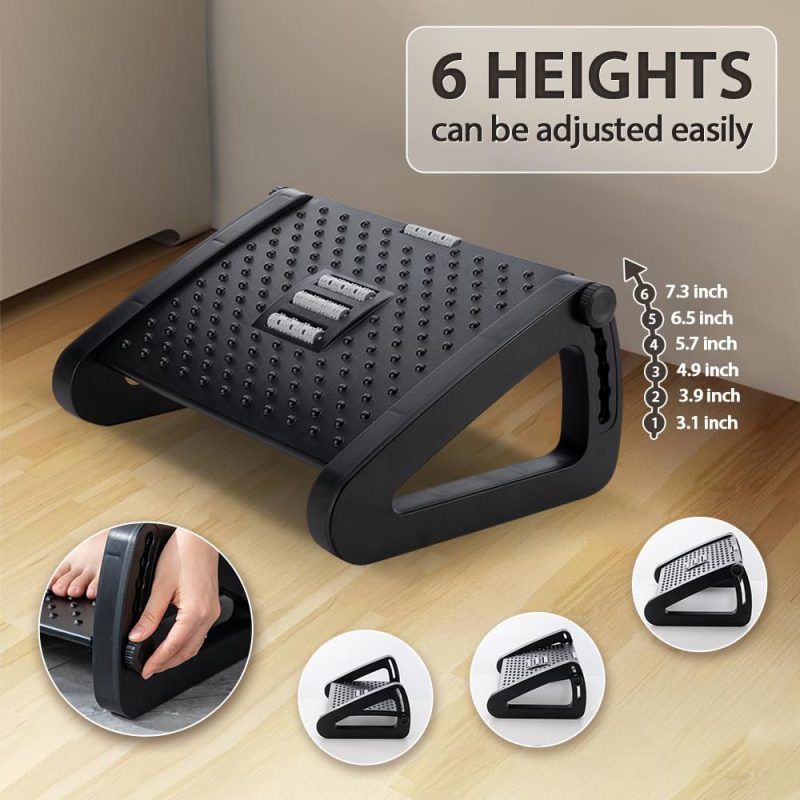 Foot Rest, Six Heights Adjustable Foot Rest for Under Desk at Work, Ergonomic Foot Stool for Under Office Desk, Under Desk Footrest with Foot Massage Roller, Chair Footrest for Leg Res - Image 2