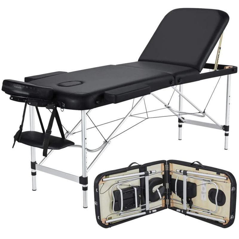 Portable Massage Bed : Foldable Massage Tables with Pillow SPA Bed with Stainless Steel Frame 2 Fold Black for SPA Salon Tattoo Massage Therapeutic Treatment Black