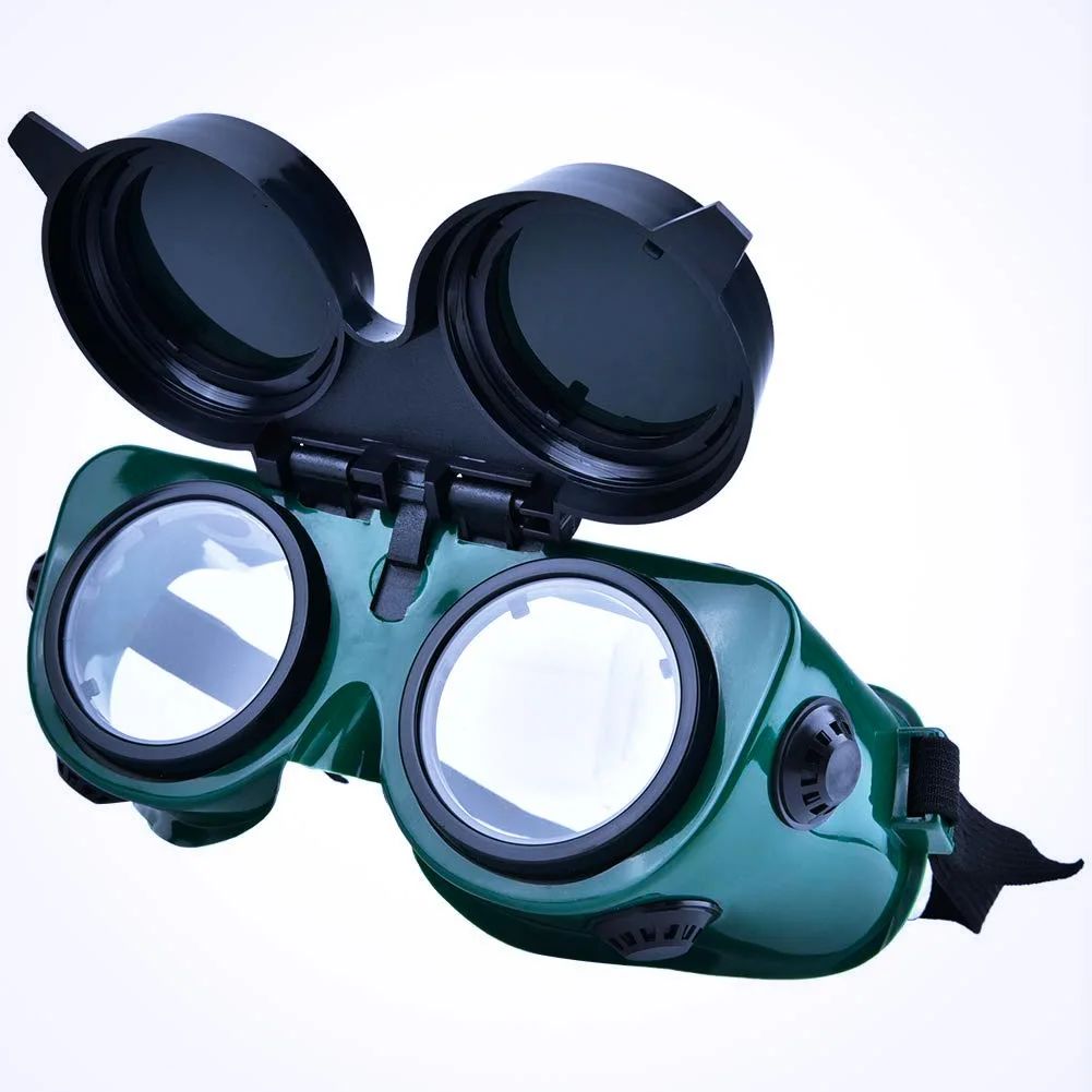 Flip-up front welding goggles with lens.