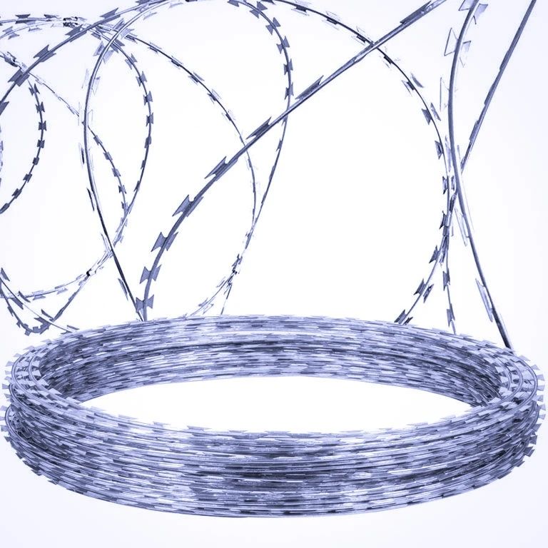 Galvanized razor barbed wire.
