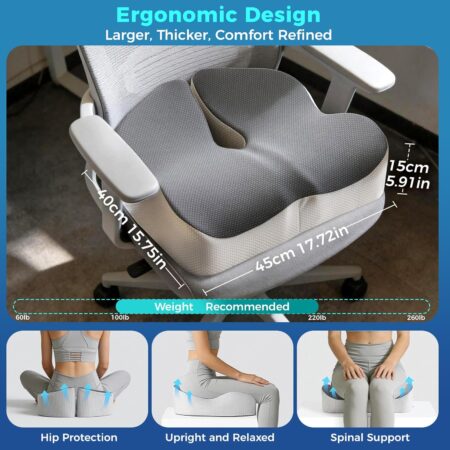 Extra Wide Coccyx Memory Foam Cushion with Hip and Thigh support